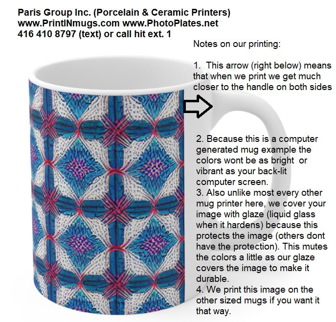 Colorful Mandala Patterns 2.  C-Handled 11 oz mug. Porcelain Not Ceramic. Printed & Glazed Not Dye Sublimation. Dishwasher / Microwave Safe